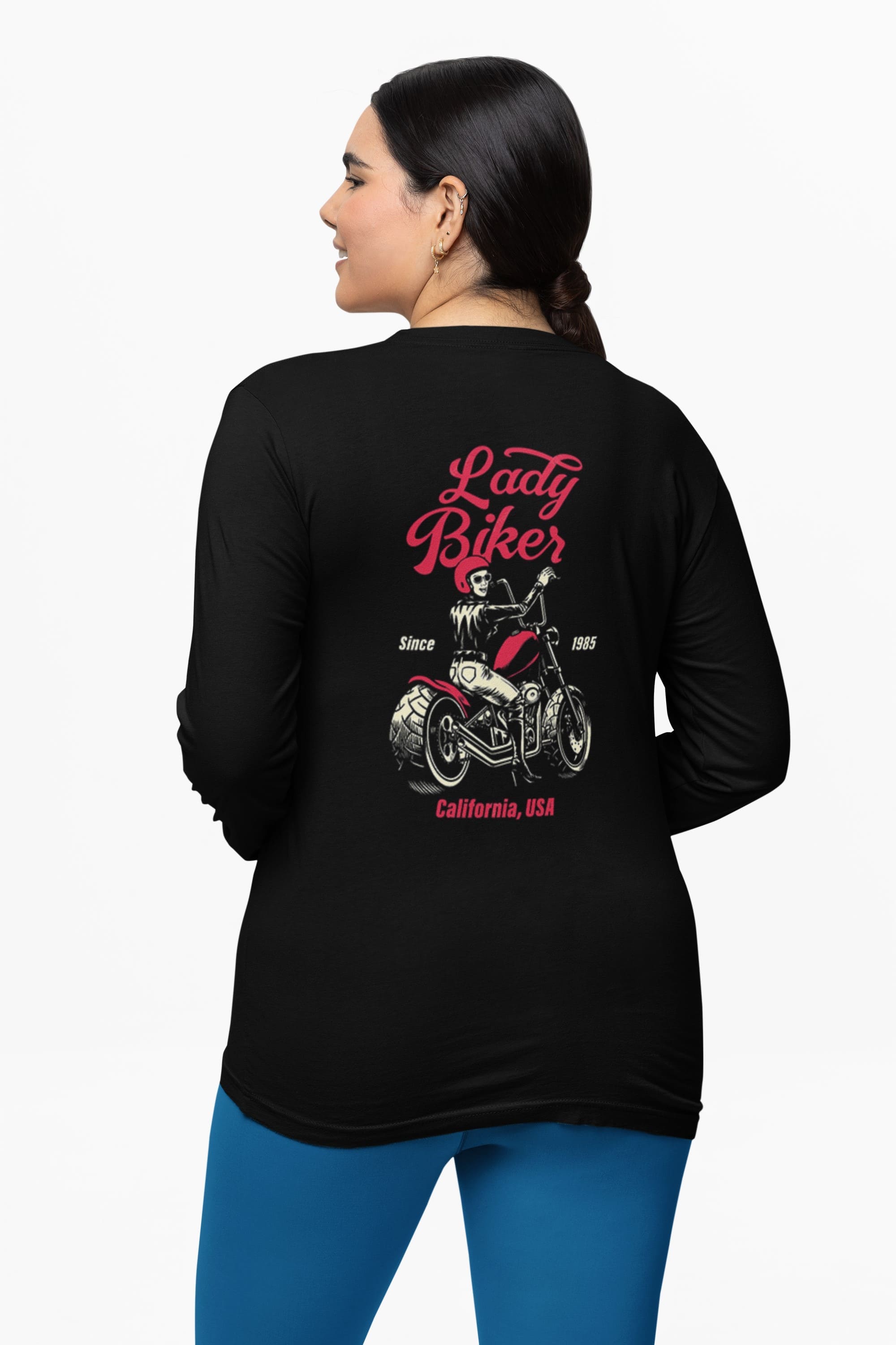Long Sleeve Motorcycle Tee - 'Lady Biker' Back Design