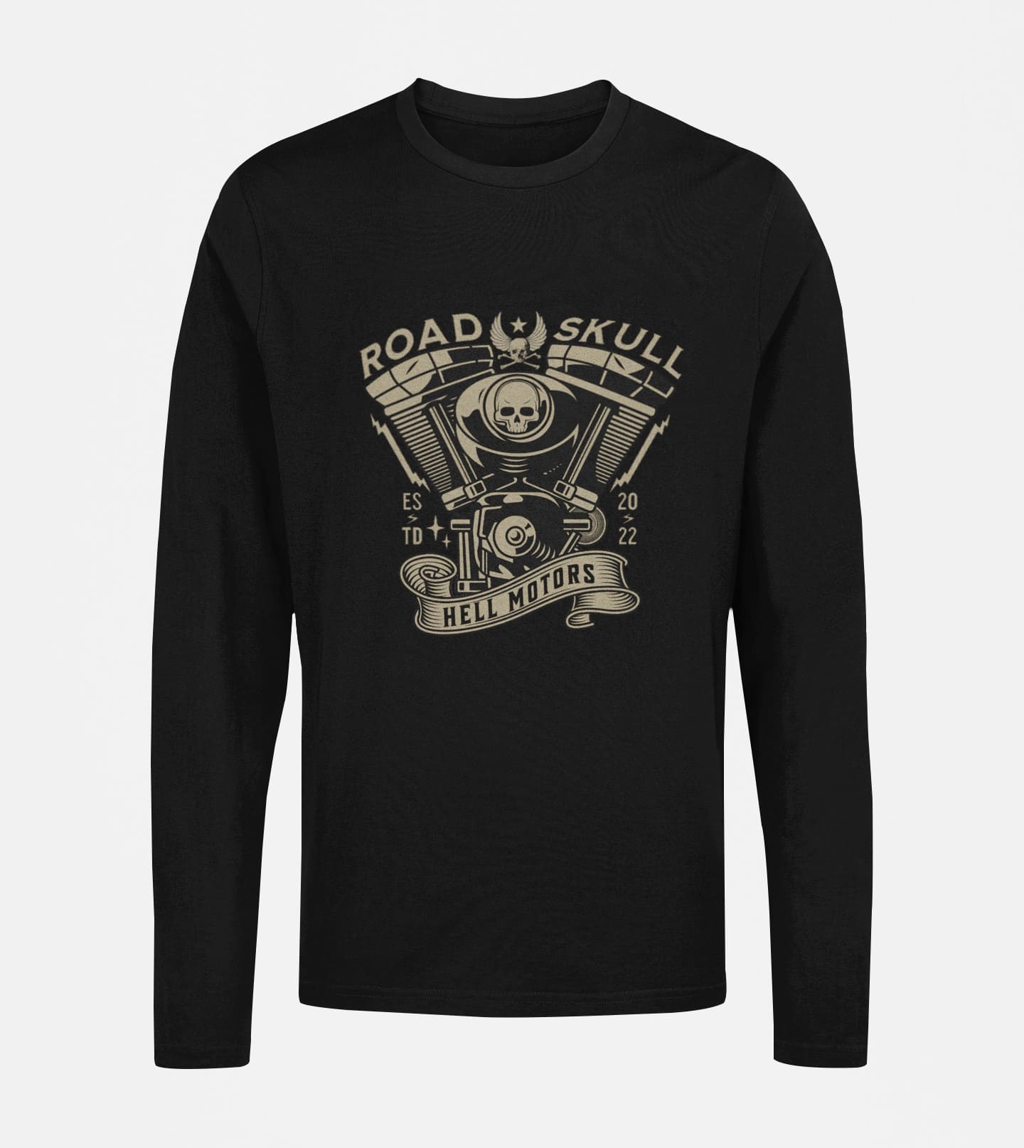 Biker-themed long sleeve tee in black with a captivating motorcycle illustration