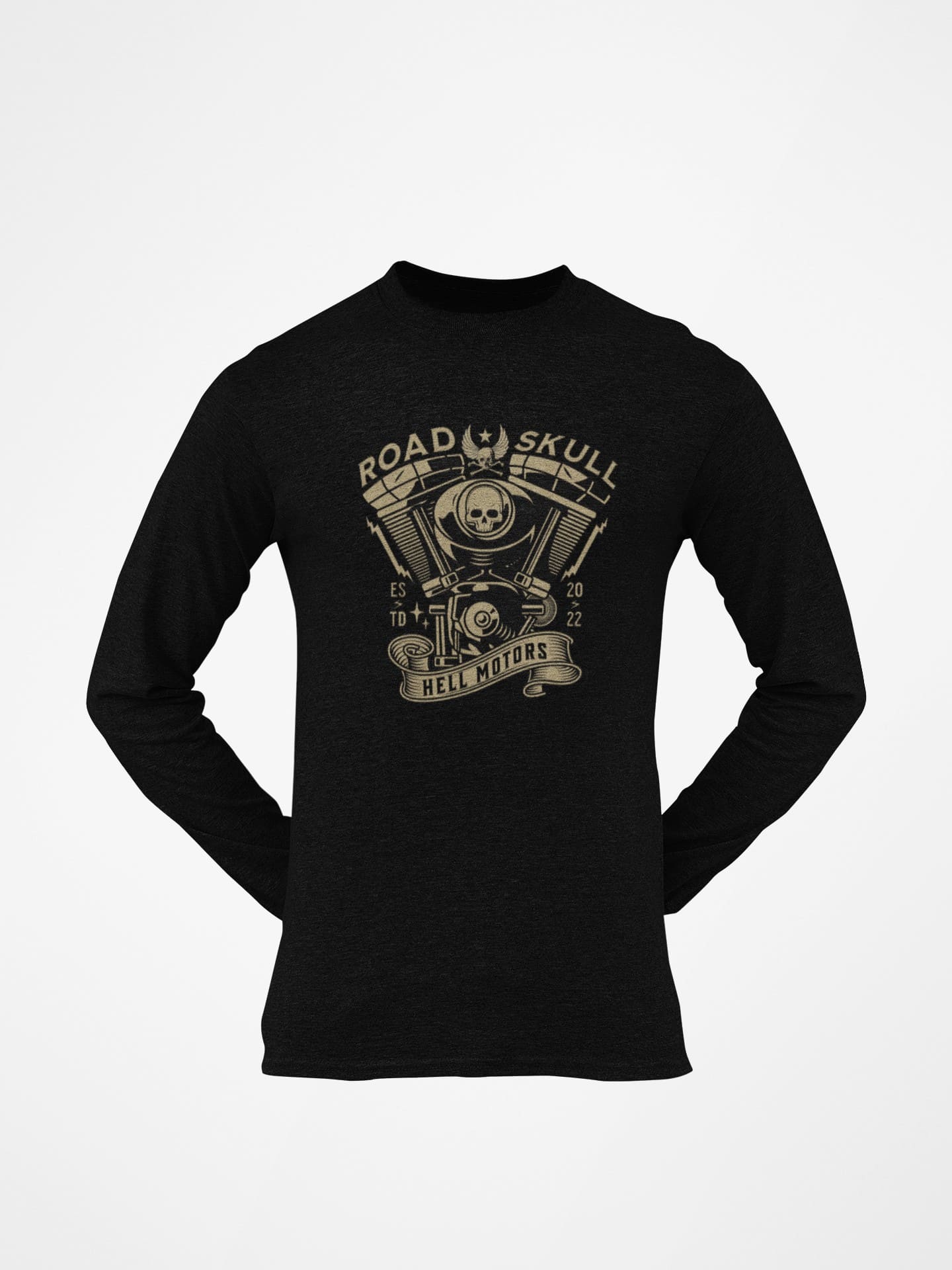 Biker-themed long sleeve tee in black with a captivating motorcycle illustration